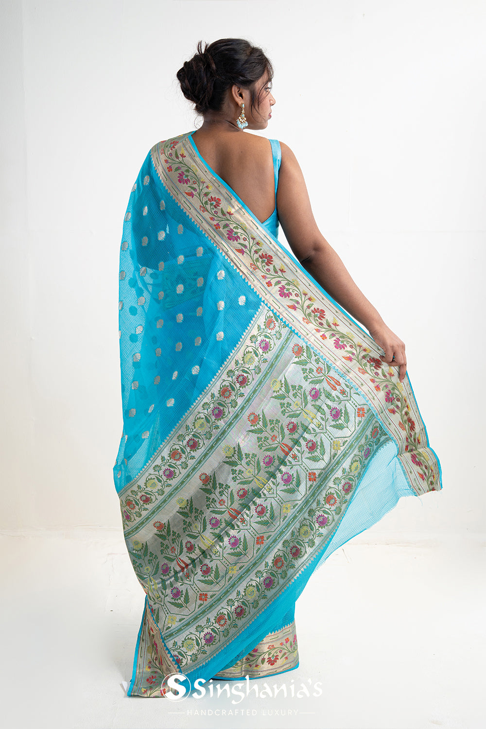 Capri Blue Banarasi Kota Silk Saree With Floral Patterns
