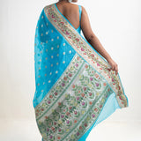 Capri Blue Banarasi Kota Silk Saree With Floral Patterns