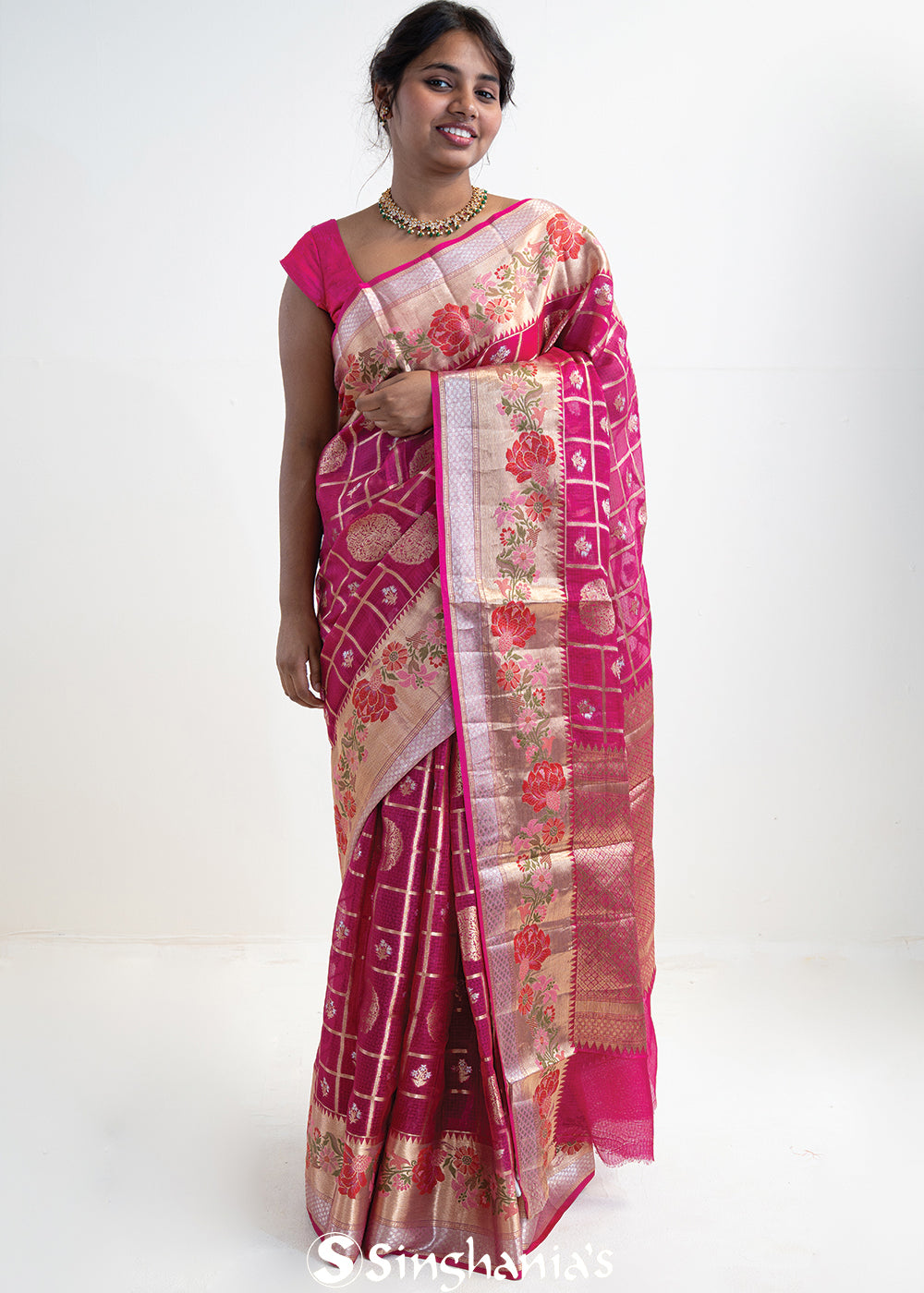 Rouge Pink Banarasi Kota Silk Saree With Floral-Checks