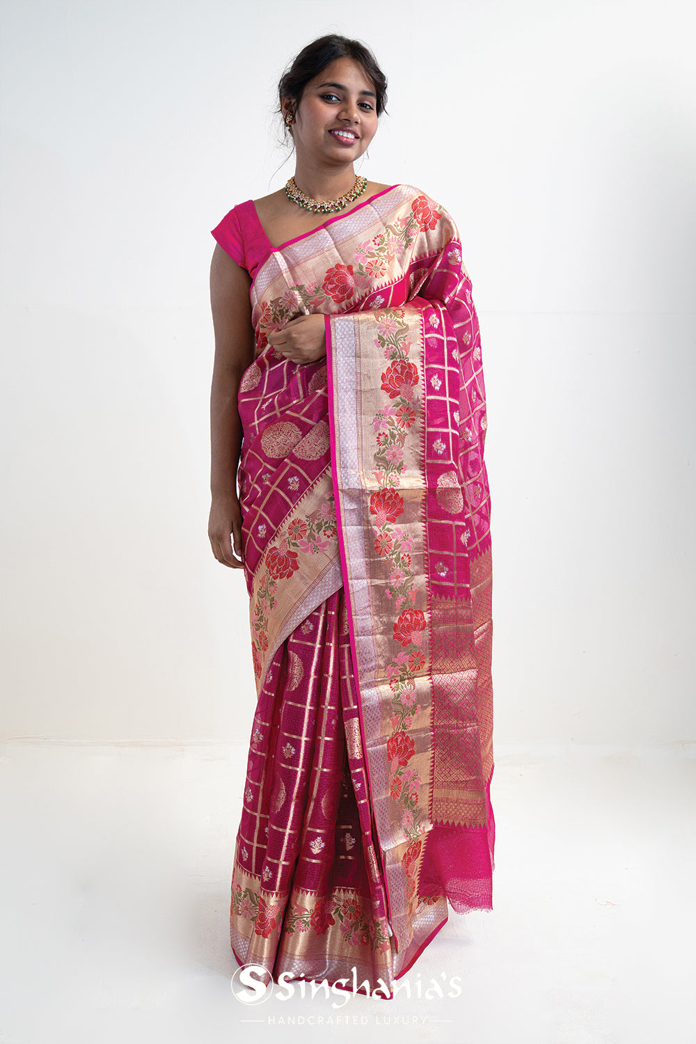 Rouge Pink Banarasi Kota Silk Saree With Floral-Checks