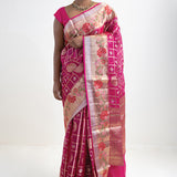 Rouge Pink Banarasi Kota Silk Saree With Floral-Checks