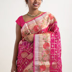 Rouge Pink Banarasi Kota Silk Saree With Floral-Checks