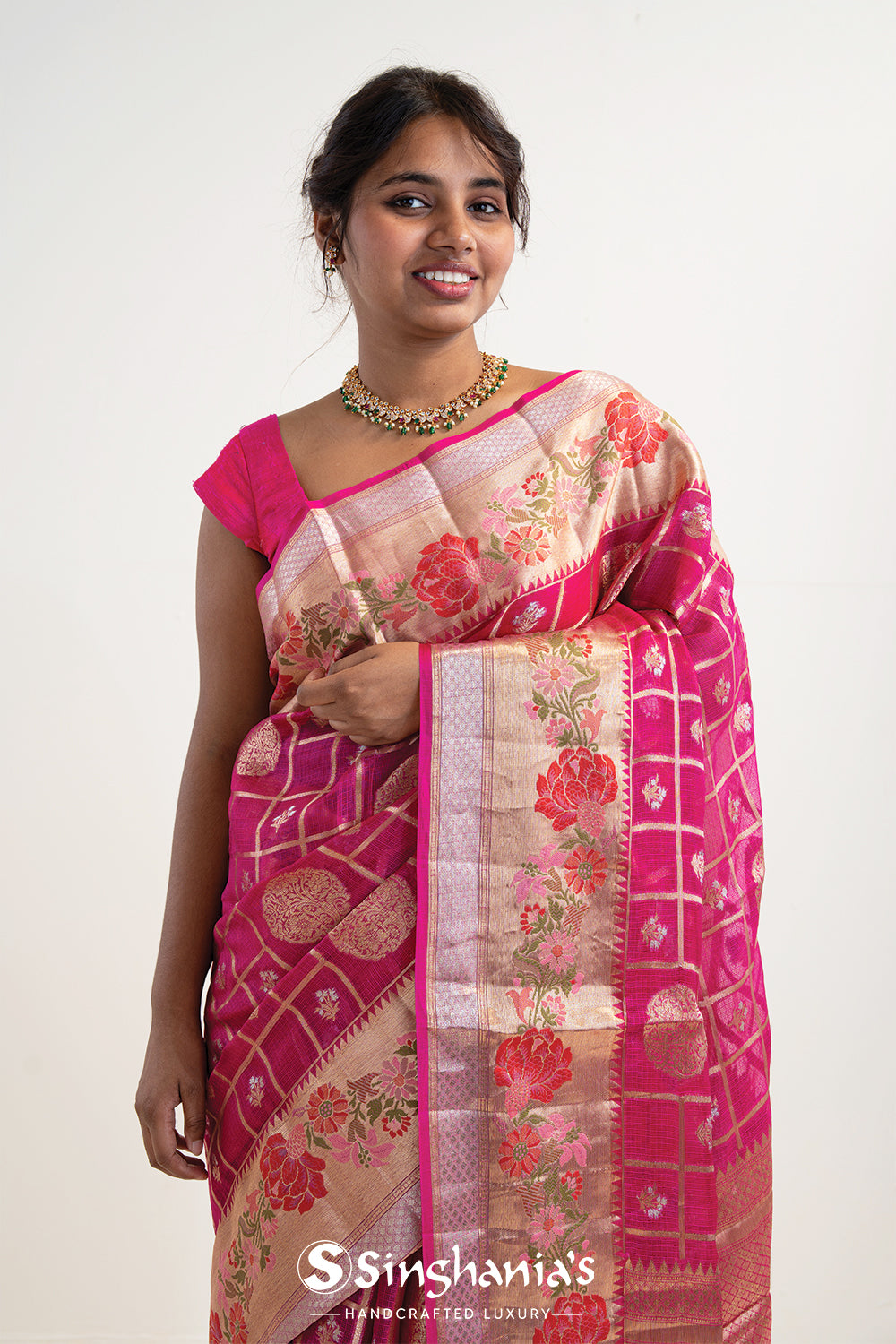 Rouge Pink Banarasi Kota Silk Saree With Floral-Checks