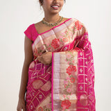 Rouge Pink Banarasi Kota Silk Saree With Floral-Checks