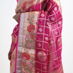 Rouge Pink Banarasi Kota Silk Saree With Floral-Checks