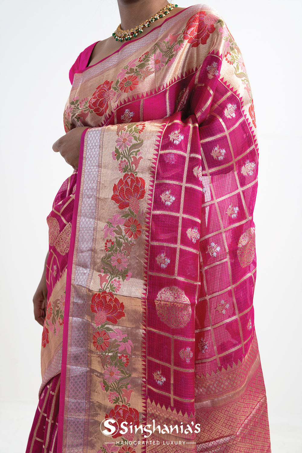 Rouge Pink Banarasi Kota Silk Saree With Floral-Checks