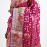 Rouge Pink Banarasi Kota Silk Saree With Floral-Checks