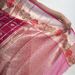 Rouge Pink Banarasi Kota Silk Saree With Floral-Checks