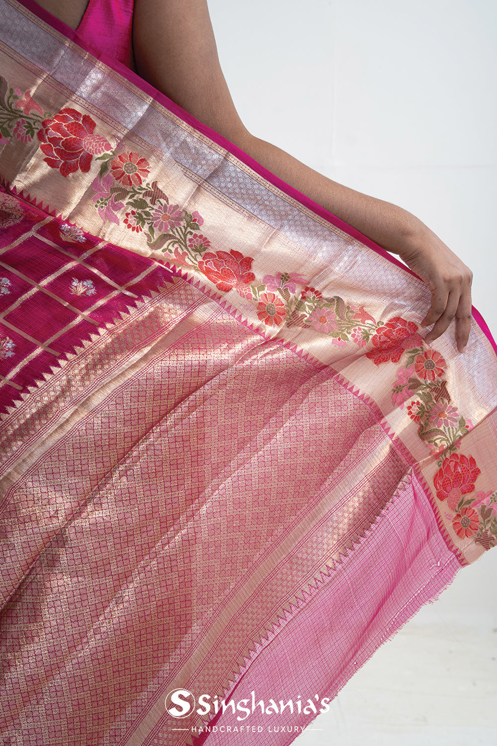 Rouge Pink Banarasi Kota Silk Saree With Floral-Checks