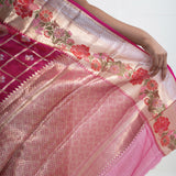 Rouge Pink Banarasi Kota Silk Saree With Floral-Checks