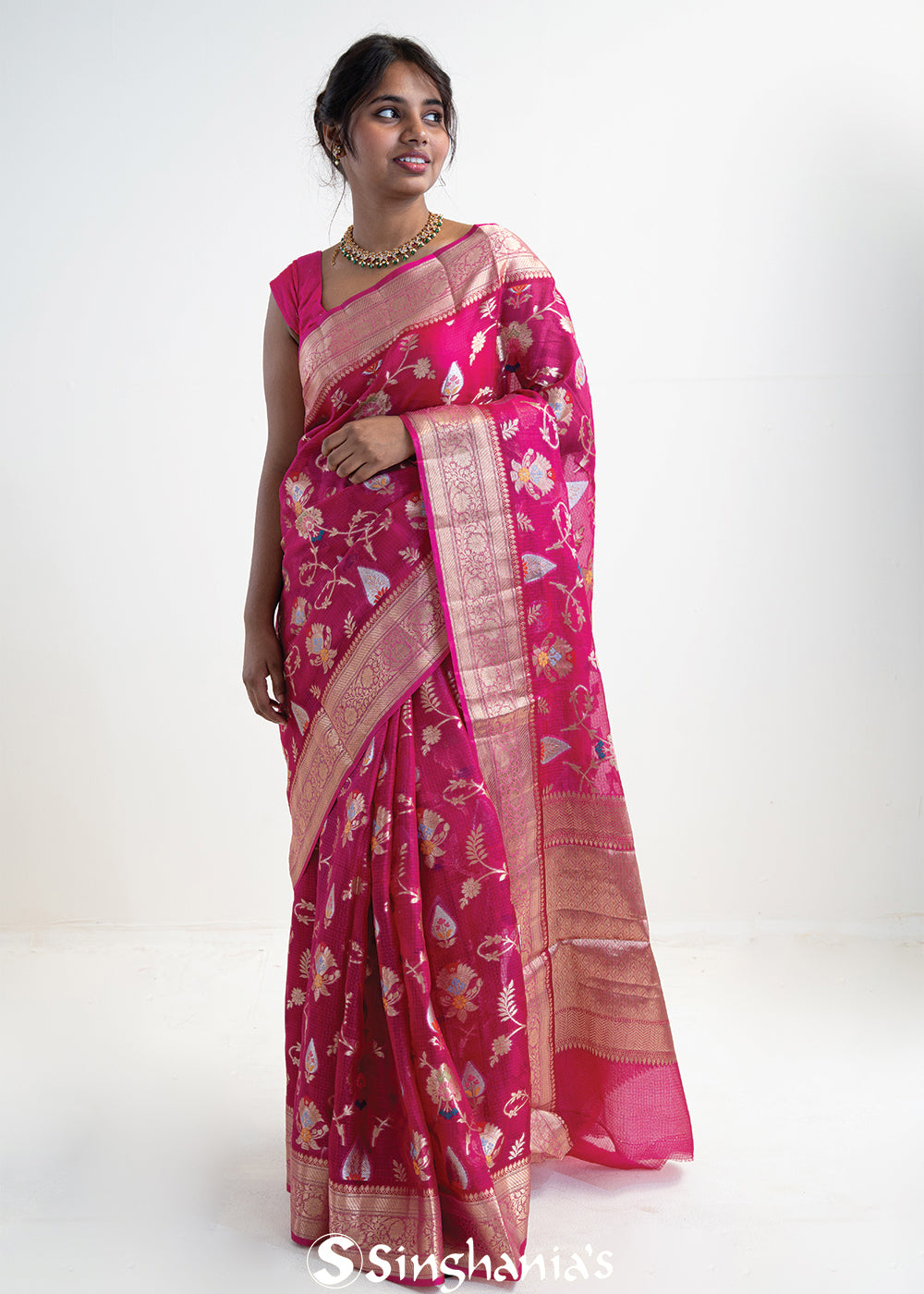 Mexican Pink Banarasi Kota Silk Saree With Floral Jaal