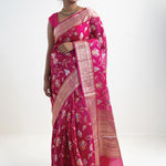 Mexican Pink Banarasi Kota Silk Saree With Floral Jaal