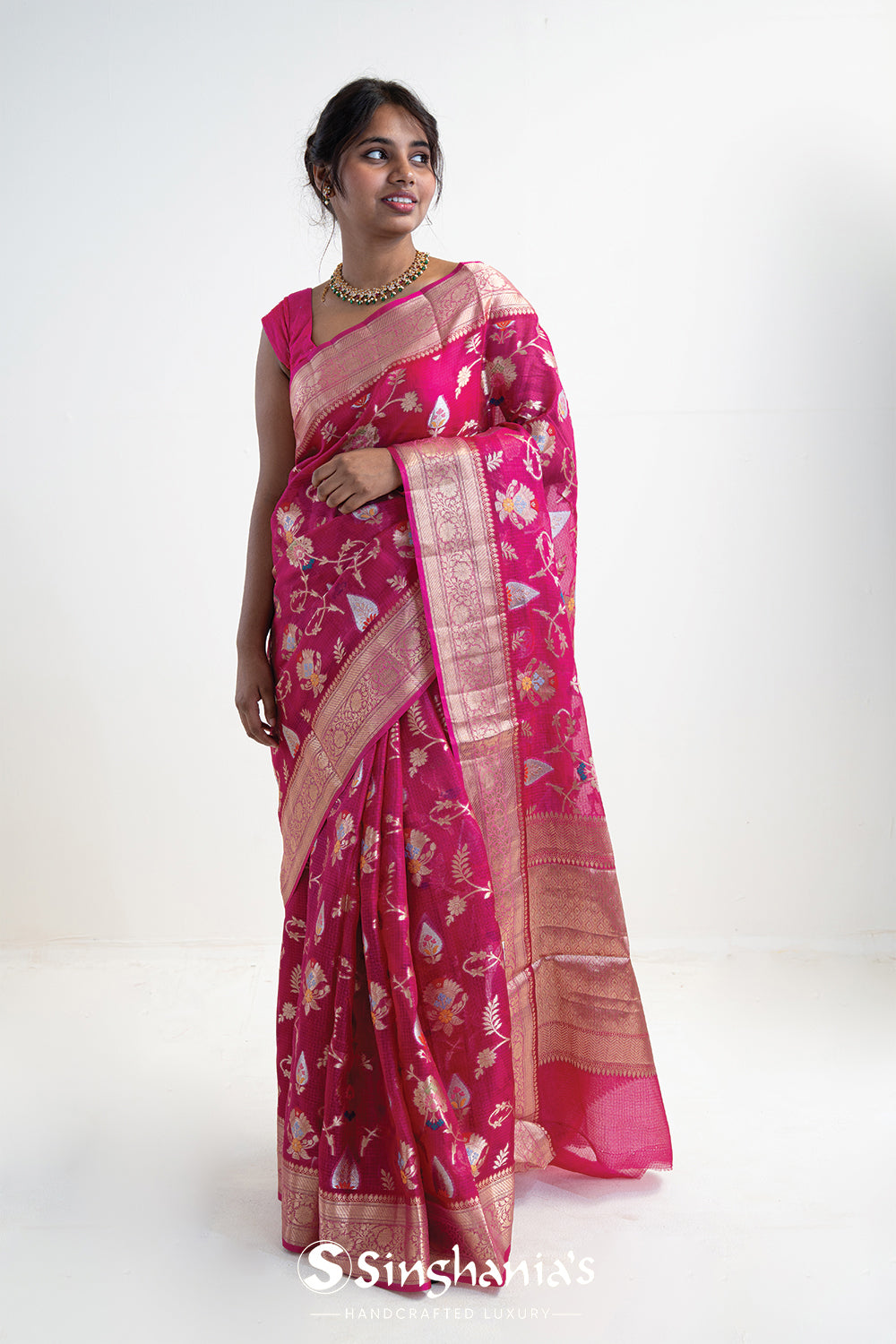 Mexican Pink Banarasi Kota Silk Saree With Floral Jaal