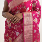 Mexican Pink Banarasi Kota Silk Saree With Floral Jaal