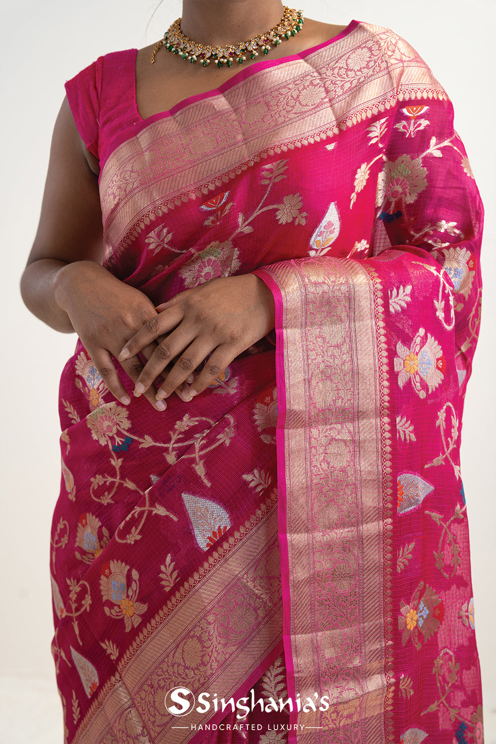 Mexican Pink Banarasi Kota Silk Saree With Floral Jaal