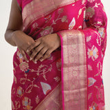 Mexican Pink Banarasi Kota Silk Saree With Floral Jaal