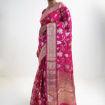 Mexican Pink Banarasi Kota Silk Saree With Floral Jaal