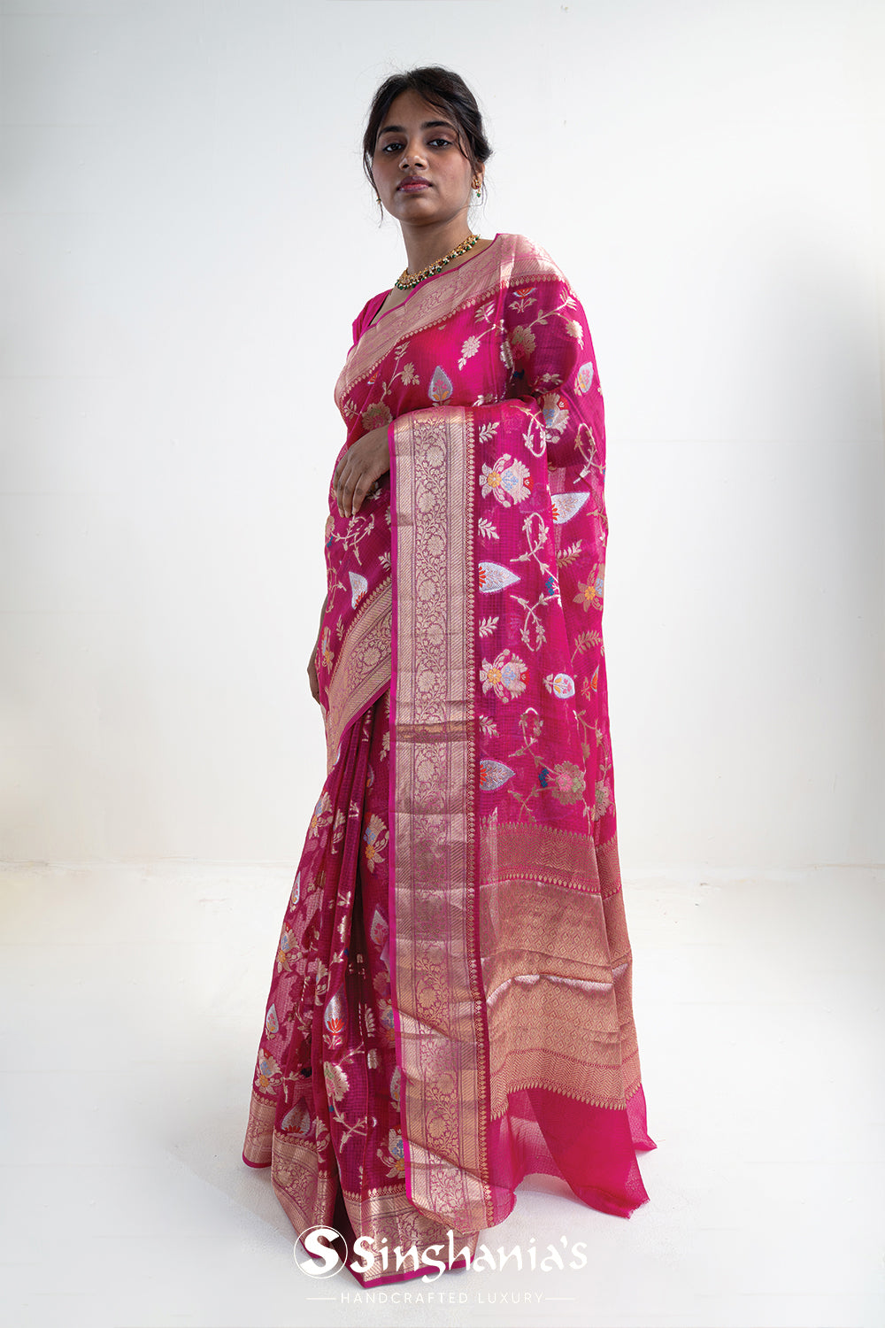 Mexican Pink Banarasi Kota Silk Saree With Floral Jaal