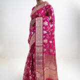 Mexican Pink Banarasi Kota Silk Saree With Floral Jaal