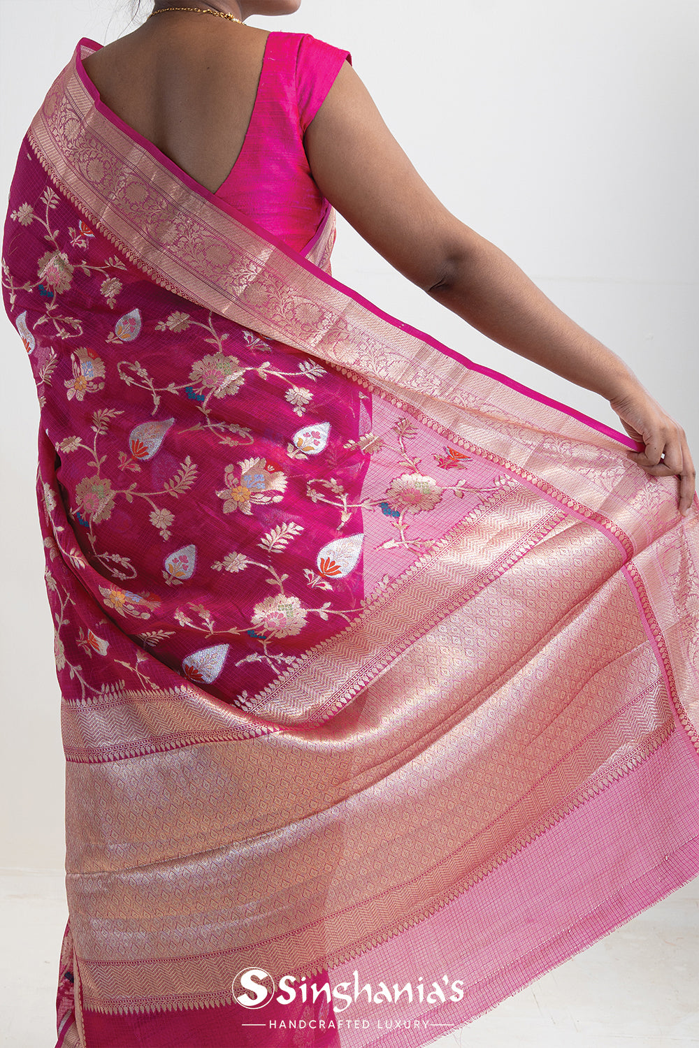 Mexican Pink Banarasi Kota Silk Saree With Floral Jaal