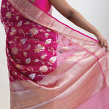 Mexican Pink Banarasi Kota Silk Saree With Floral Jaal