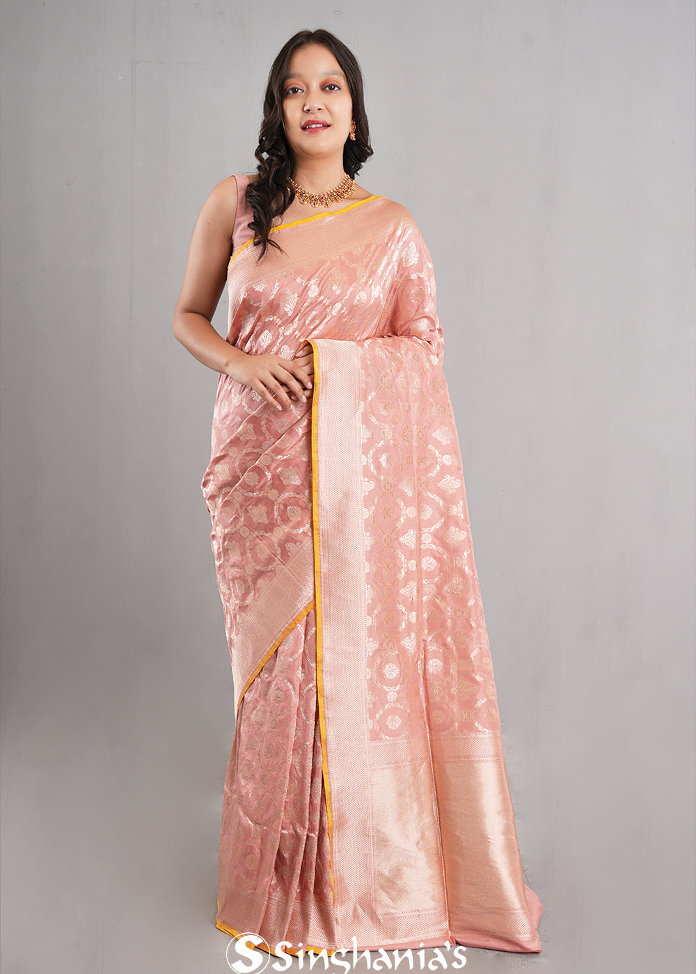 Geranium Pink Banarasi Silk Jaal Saree