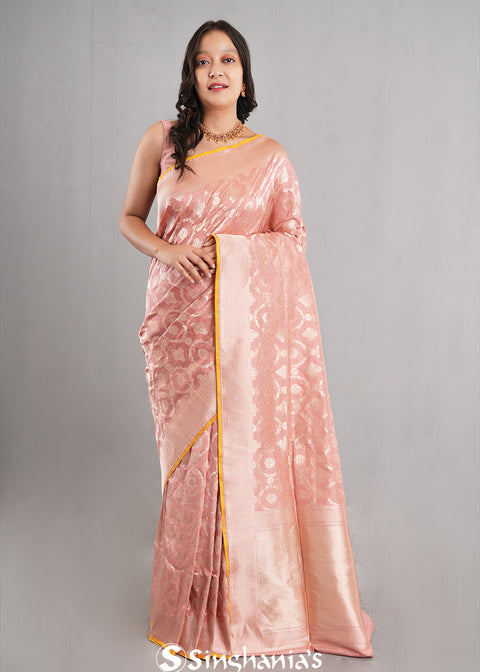 <img> Geranium Pink Banarasi Silk Jaal Saree