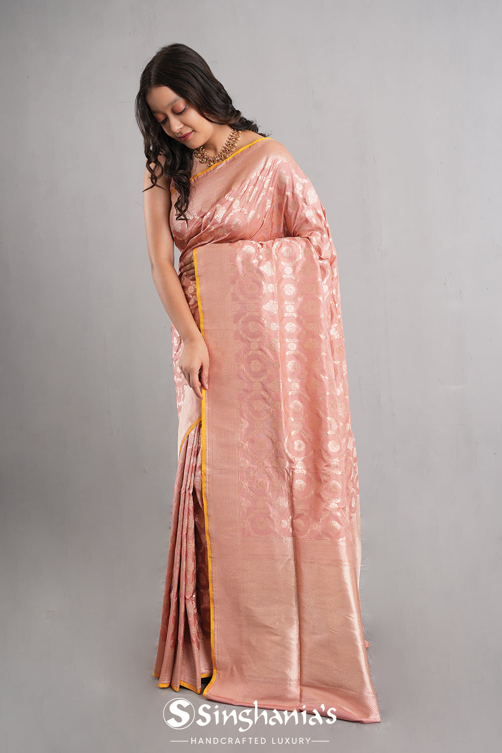 Geranium Pink Banarasi Silk Jaal Saree
