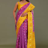 Purple Organza Banarasi Saree With Contrast Yellow Meenakari Border