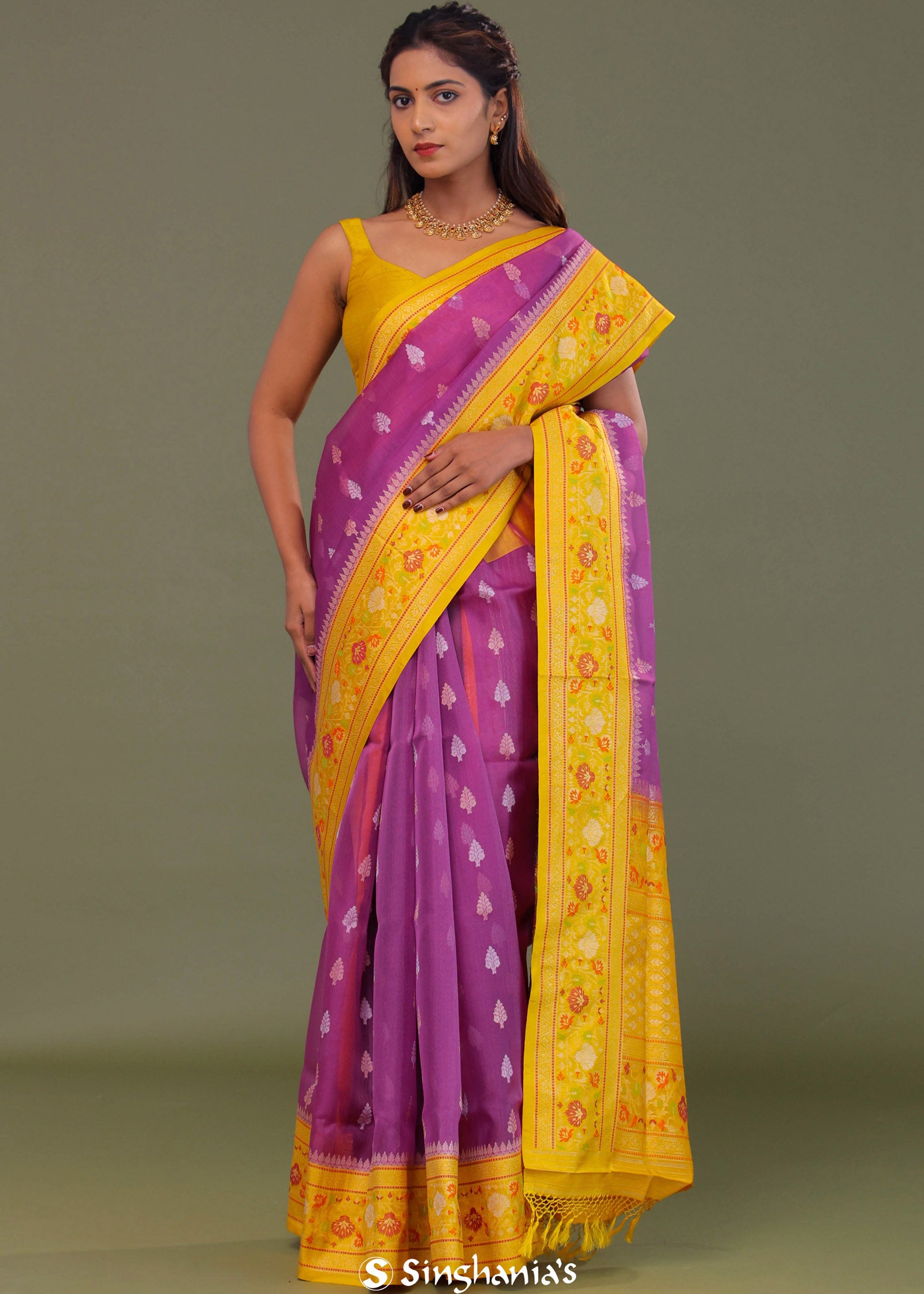 Purple Organza Banarasi Saree With Contrast Yellow Meenakari Border