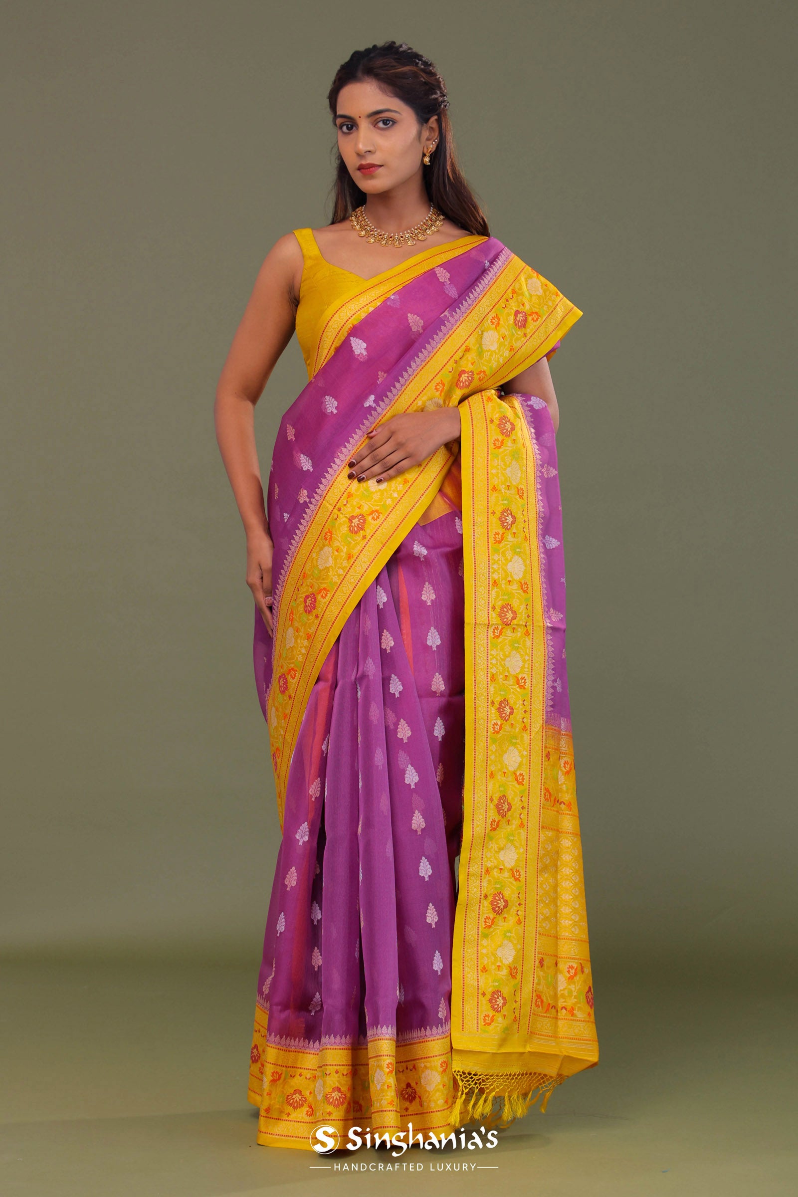 Purple Organza Banarasi Saree With Contrast Yellow Meenakari Border