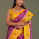 Purple Organza Banarasi Saree With Contrast Yellow Meenakari Border