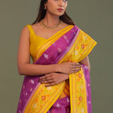 Purple Organza Banarasi Saree With Contrast Yellow Meenakari Border