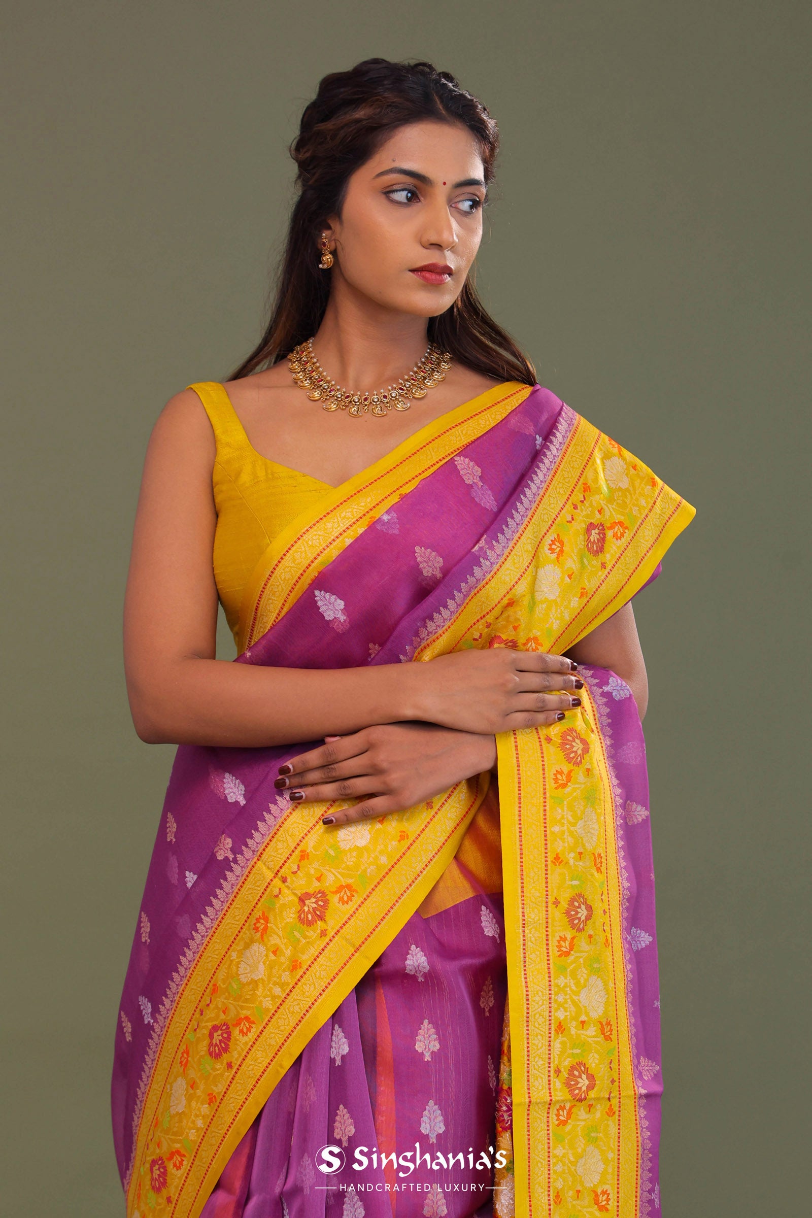 Purple Organza Banarasi Saree With Contrast Yellow Meenakari Border