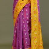 Purple Organza Banarasi Saree With Contrast Yellow Meenakari Border