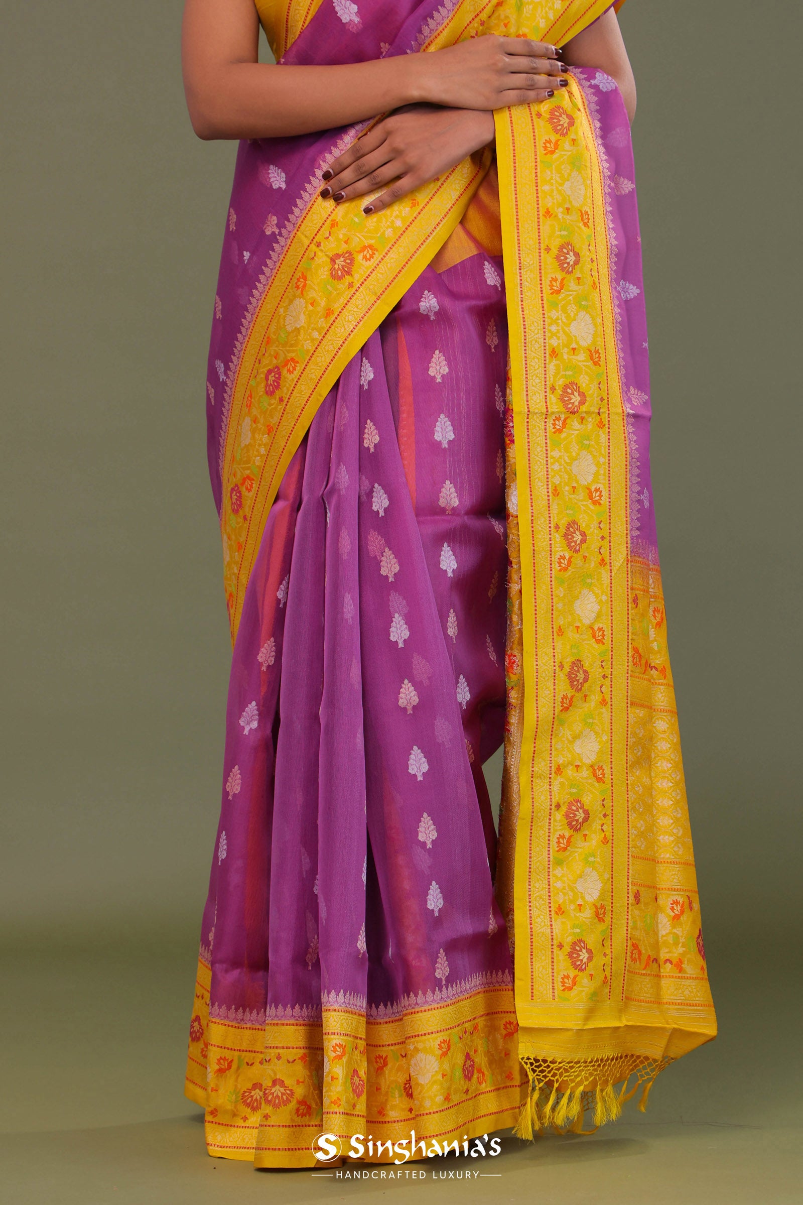 Purple Organza Banarasi Saree With Contrast Yellow Meenakari Border
