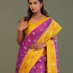 Purple Organza Banarasi Saree With Contrast Yellow Meenakari Border