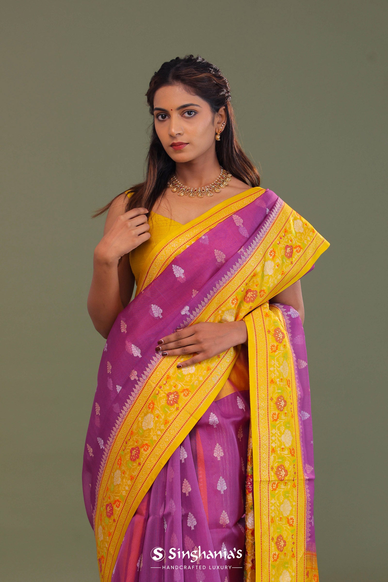 Purple Organza Banarasi Saree With Contrast Yellow Meenakari Border