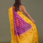 Purple Organza Banarasi Saree With Contrast Yellow Meenakari Border