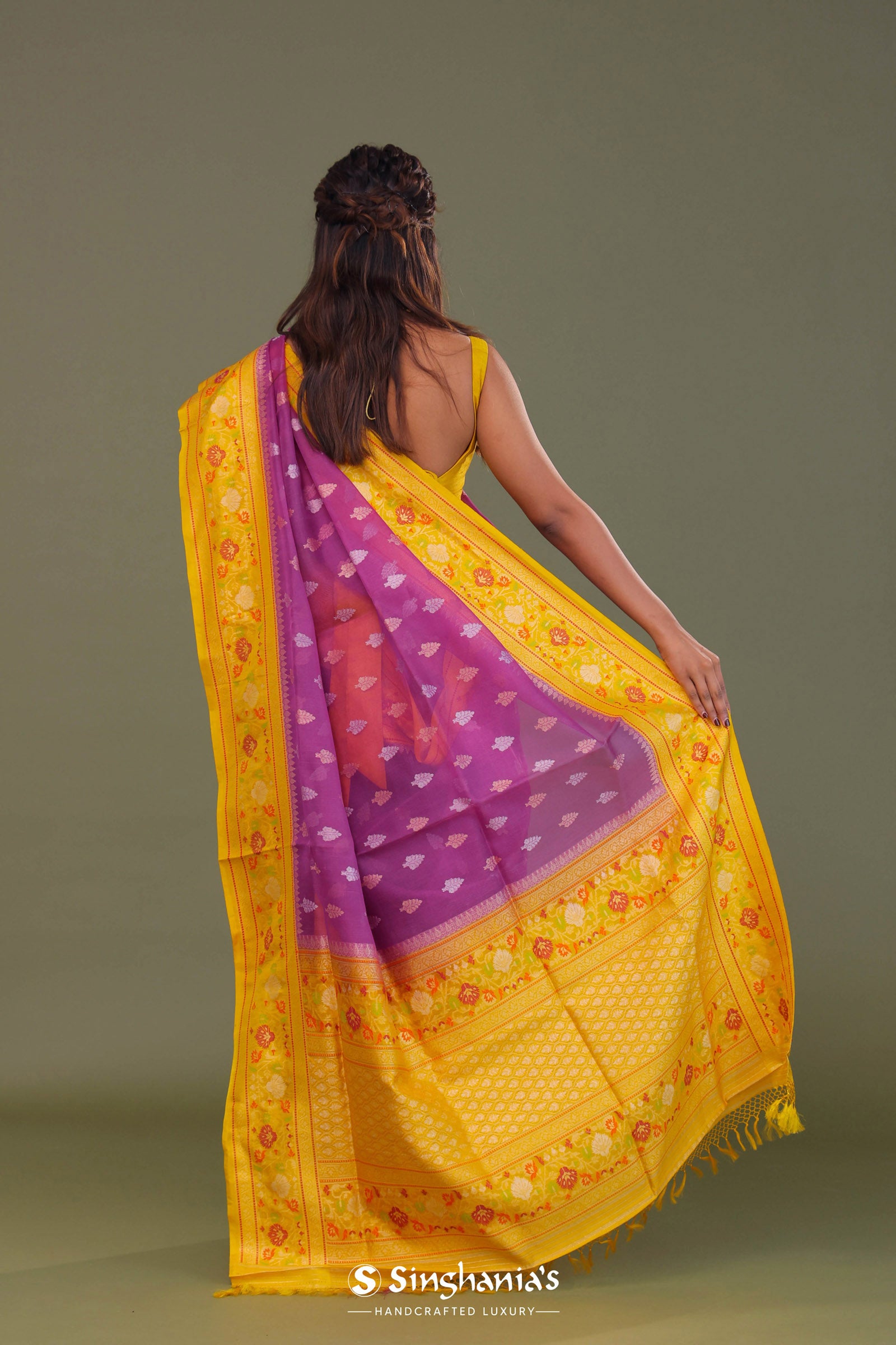 Purple Organza Banarasi Saree With Contrast Yellow Meenakari Border