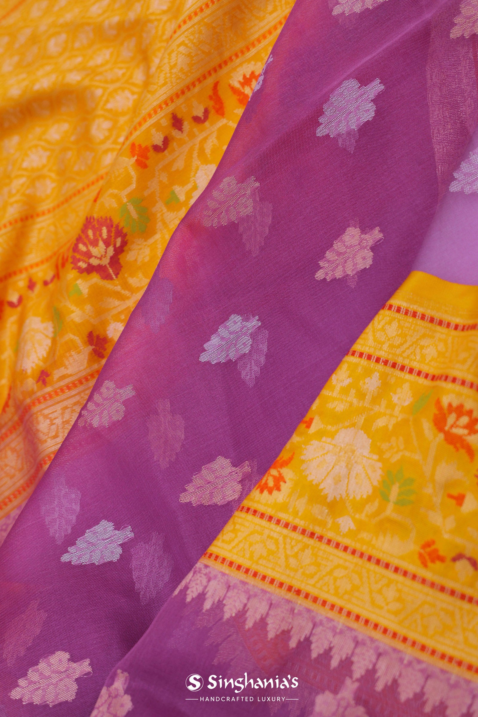 Purple Organza Banarasi Saree With Contrast Yellow Meenakari Border