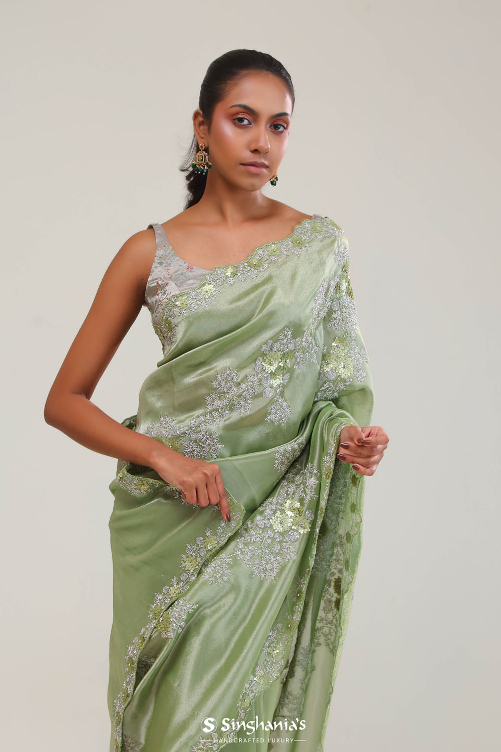 Pistachio Green Tissue Saree With Embroidery Detail