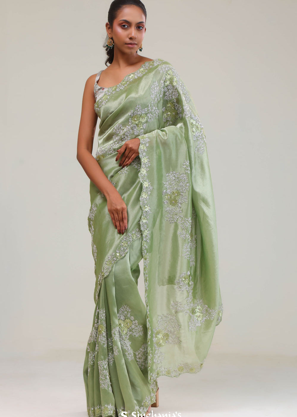 Pistachio Green Tissue Saree With Embroidery Detail