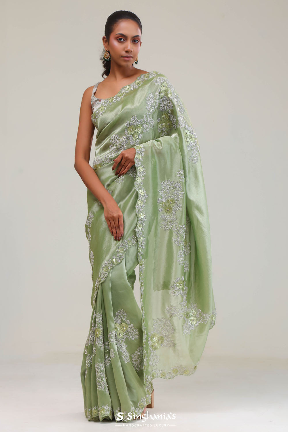 Pistachio Green Tissue Saree With Embroidery Detail