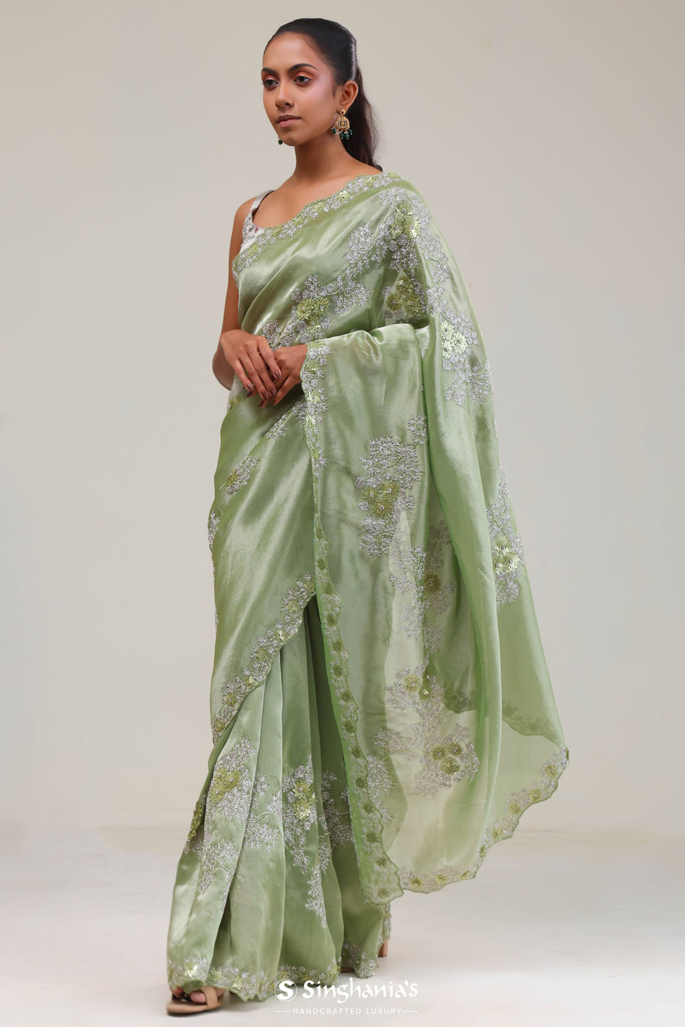 Pistachio Green Tissue Saree With Embroidery Detail