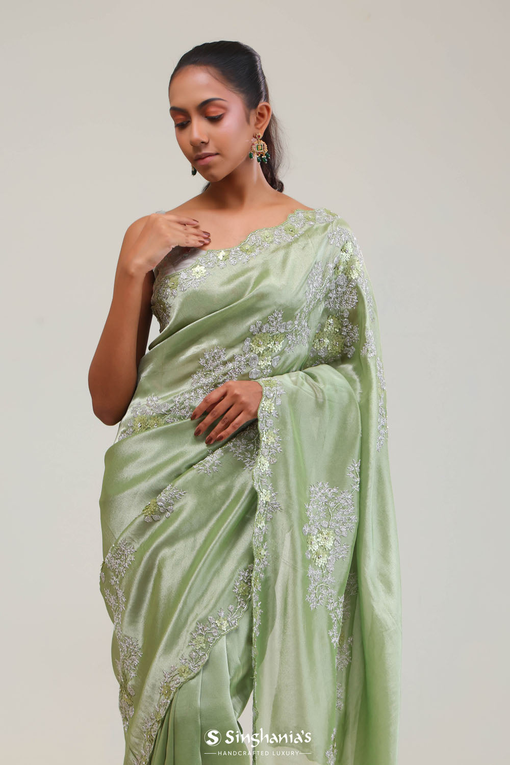 Pistachio Green Tissue Saree With Embroidery Detail