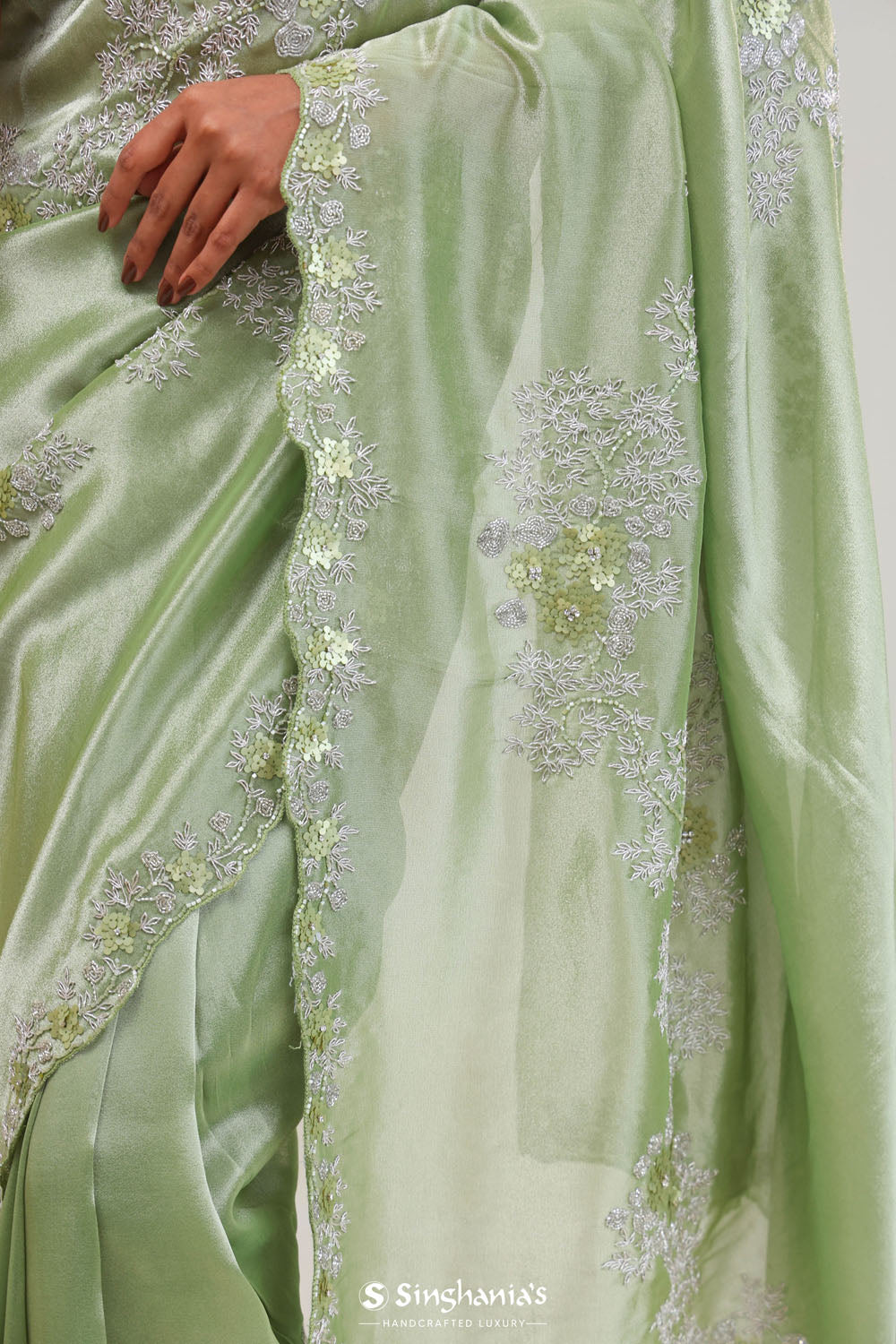 Pistachio Green Tissue Saree With Embroidery Detail
