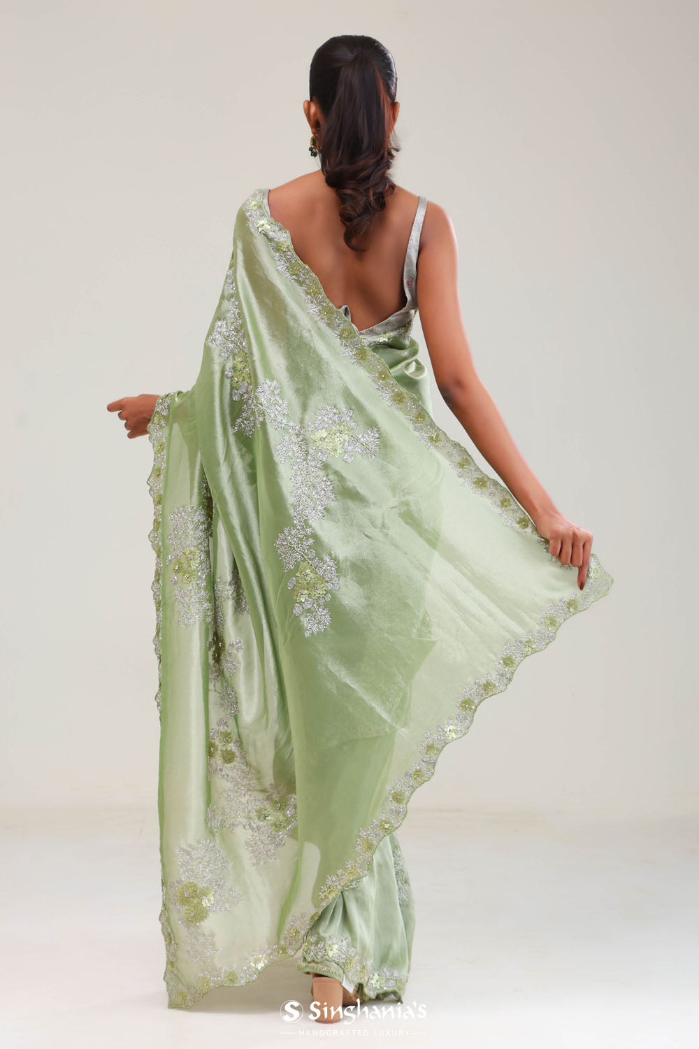 Pistachio Green Tissue Saree With Embroidery Detail