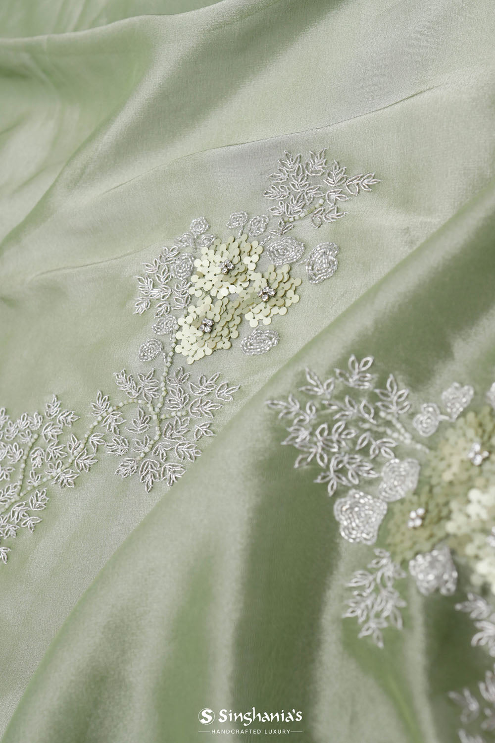 Pistachio Green Tissue Saree With Embroidery Detail