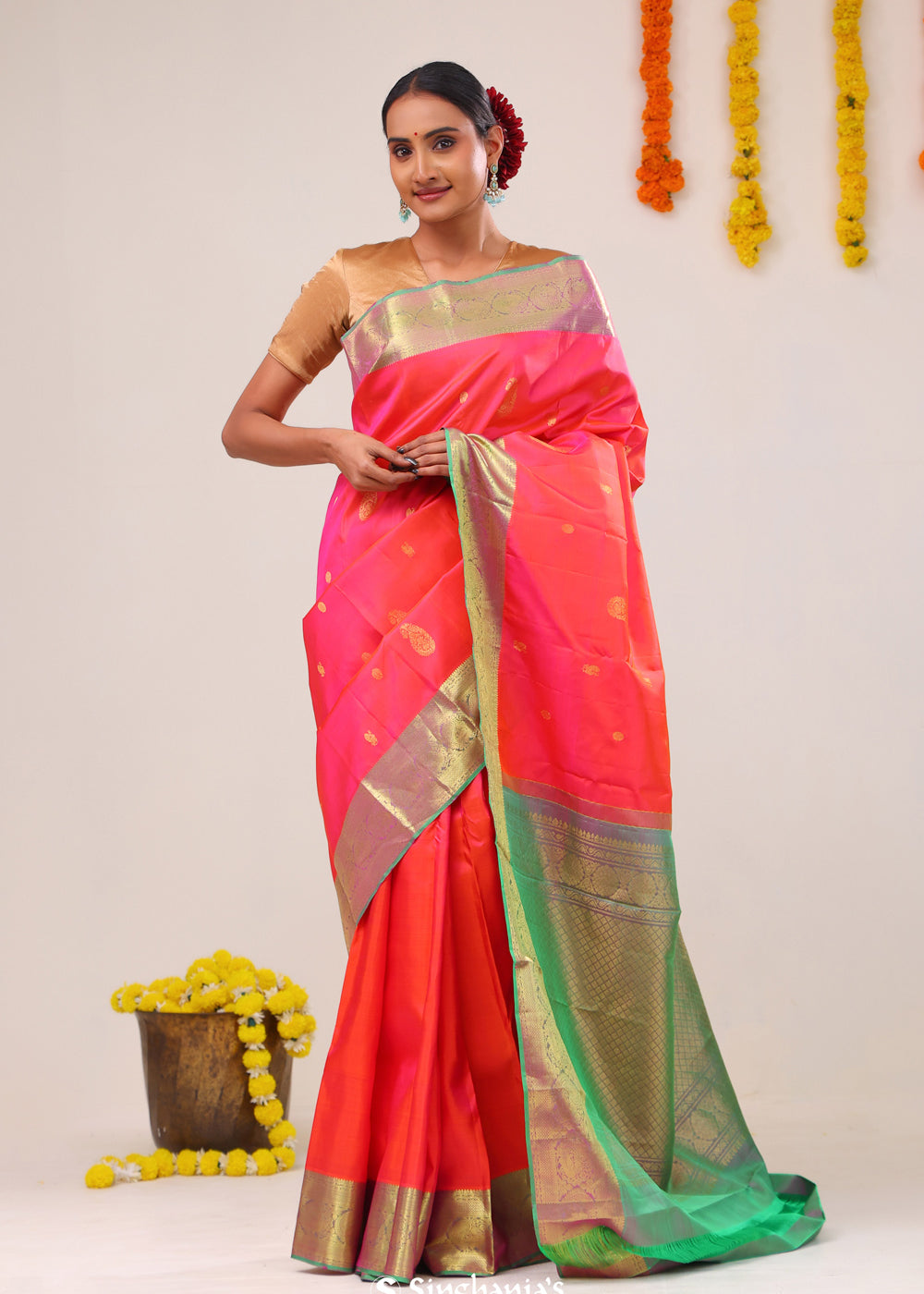 Neon Fuchsia Paisley Kanjivaram Silk Saree